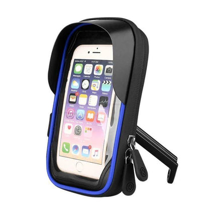 Mountain Bike Phone Holder With Touch Screen Mount showing waterproof TPU enclosure, laminated touch film, handlebar mount holding 4.5–6.4in phone