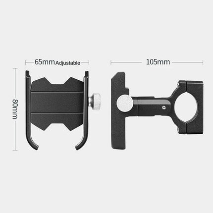 Bicycle Phone Holder for Handlebars and Rearview Mirrors showing adjustable 65mm width and 80mm height with 105mm mount length, aluminum alloy finish