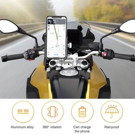 Bicycle Phone Holder for Handlebars and Rearview Mirrors mounted on motorcycle handlebars showing navigation, aluminum alloy, rainproof, 360° rotation