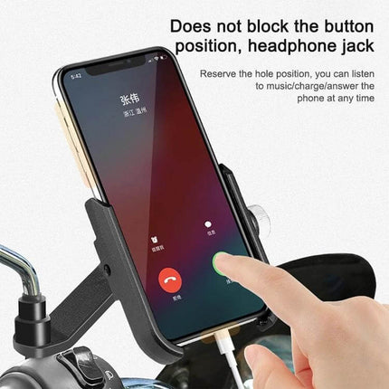 Bicycle Phone Holder for Handlebars and Rearview Mirrors mounted showing accessible buttons and headphone jack, aluminum alloy frosted finish