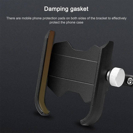 Bicycle Phone Holder for Handlebars and Rearview Mirrors showing aluminum alloy damping gasket and protective pads for secure phone mounting