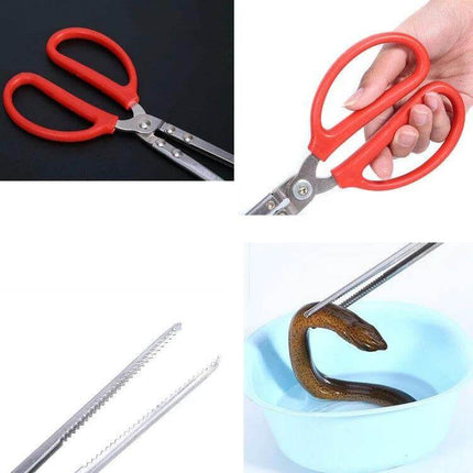 Rice Eel Clip Tongs For Crabs And Lobsters 38/52/62 Cm stainless jaw with red plastic handles gripping eel and serrated tips