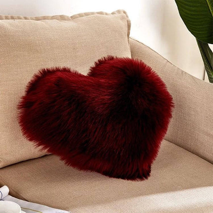 Home Cushion Pillow 40x50 Cm For Sofa And Bed Use - Plush Heart-Shaped Red Faux Fur Decorative Pillow on Beige Sofa