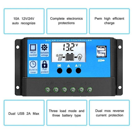 Versatile Solar Charging Controller for Street Lamps and Solar Systems blue PWM 12/24V display USB ports battery protection