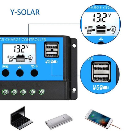 Versatile Solar Charging Controller for Street Lamps and Solar Systems with LCD display, dual USB ports, 12/24V adaptive charging and battery protection