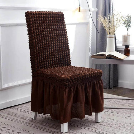 Bubble Skirt Chair Cover Elastic Universal Fit For Dining Chairs in textured brown polyester seersucker on dining chair