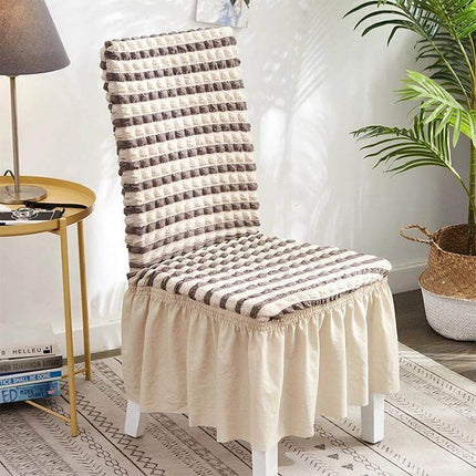 Bubble Skirt Chair Cover Elastic Universal Fit For Dining Chairs cream ruffled skirt with textured seersucker top on dining chair