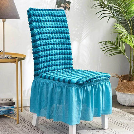 Bubble Skirt Chair Cover Elastic Universal Fit For Dining Chairs - Teal Seersucker Bubble Skirt Chair Cover on White Dining Chair