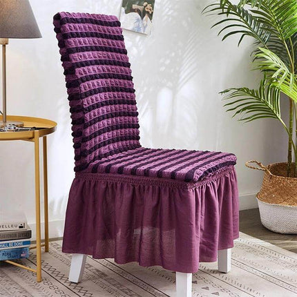 Bubble Skirt Chair Cover Elastic Universal Fit For Dining Chairs - Purple seersucker elastic fit chair protector with ruffled skirt