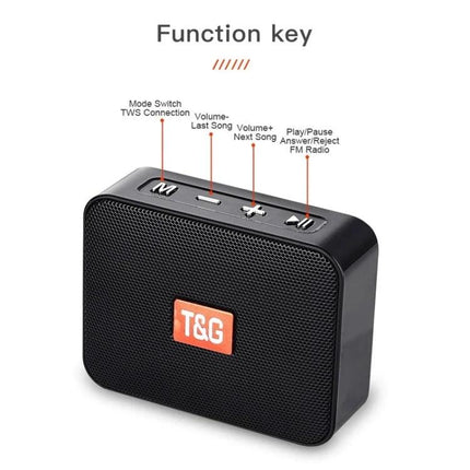 T And G Portable Bluetooth Speaker For Daily Commute Use compact black speaker with function keys for play pause volume and T&G logo