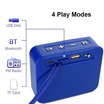 T And G Portable Bluetooth Speaker For Daily Commute Use compact blue speaker showing buttons, USB, TF slot, FM and BT modes