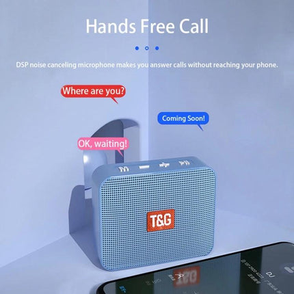 T And G Portable Bluetooth Speaker For Daily Commute Use compact blue speaker with hands-free call and Bluetooth icons