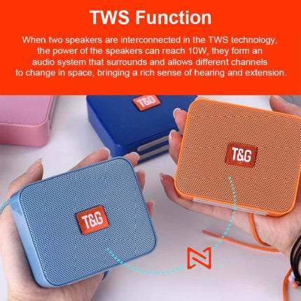 T And G Portable Bluetooth Speaker For Daily Commute Use showing two compact T&G speakers in blue and orange demonstrating TWS pairing