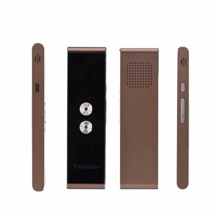 Voice Translator for Travel, Business, and Daily Learning compact brown handheld device showing front, back and sides