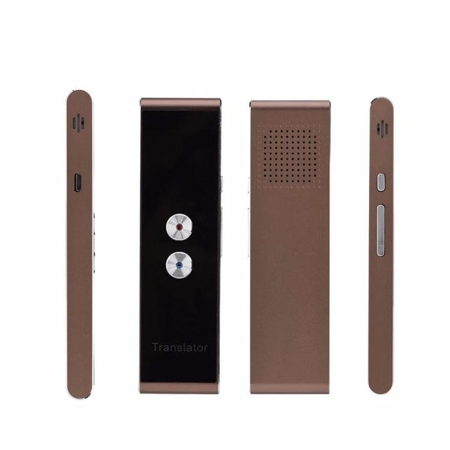 Voice Translator for Travel, Business, and Daily Learning - slim brown handheld device showing front, back and sides for real-time voice translation