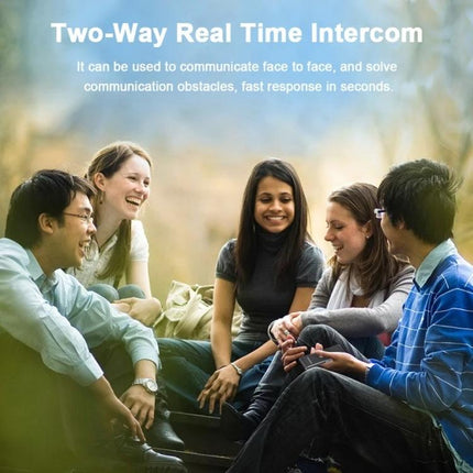 Voice Translator for Travel, Business, and Daily Learning device shown with a diverse group using two-way real time intercom outdoors