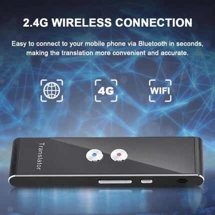 Voice Translator for Travel, Business, and Daily Learning device showing 2.4G wireless, 4G and WiFi connectivity icons