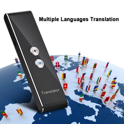 Voice Translator for Travel, Business, and Daily Learning device on world map showing multiple language flags for real-time translation
