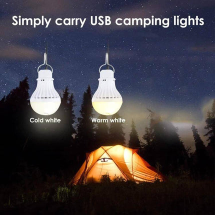 Portable USB Camping Light For Emergencies And Outdoor Use hanging over illuminated tent at night showing cold white and warm white options