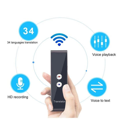 Salange Portable Translator for Everyday Travel and Learning handheld device showing 34 languages, voice playback, HD recording and voice-to-text features