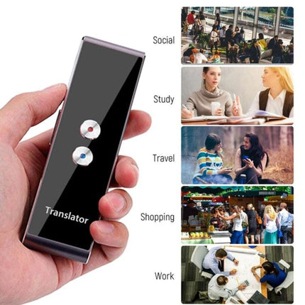 Salange Portable Translator for Everyday Travel and Learning hand-held device showing translator use for travel, study, social, shopping and work