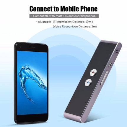 Salange Portable Translator for Everyday Travel and Learning showing device paired with smartphone for hands‑free translation and Bluetooth connection