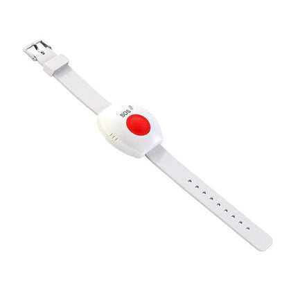 King Pigeon Wireless Emergency Wristband for Seniors — white SOS wireless emergency wristband with red button and adjustable strap