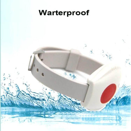 King Pigeon Wireless Emergency Wristband for Seniors showing white waterproof SOS help button wristband with red button