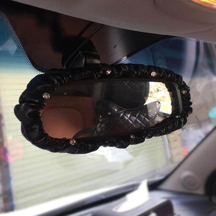 Crystal Rear View Mirror Cover For Car Interior Accessory in black PU leather with crystal accents on car mirror