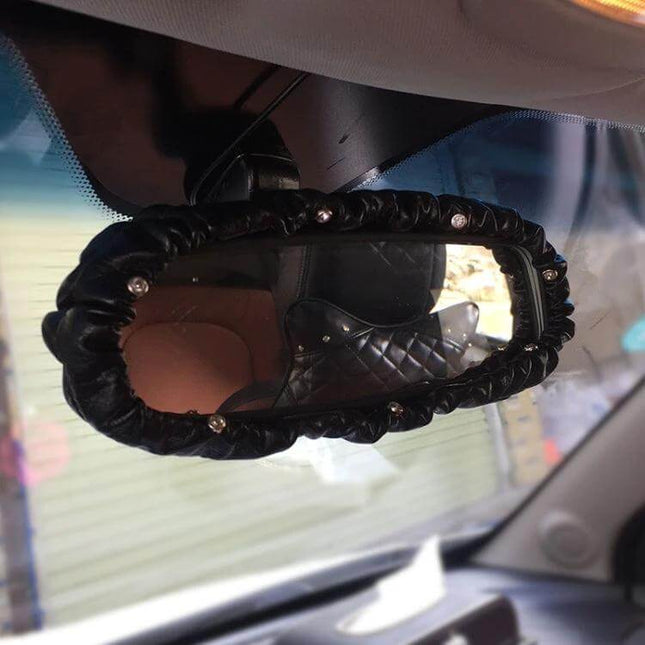 Crystal Rear View Mirror Cover For Car Interior Accessory in black PU leather with crystal accents on car mirror