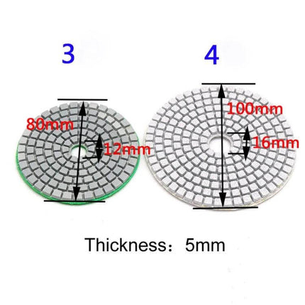 Diamond Flexible Polishing Pads For Stone Surfaces showing 80mm and 100mm diameters with 5mm thickness and center hole measurements