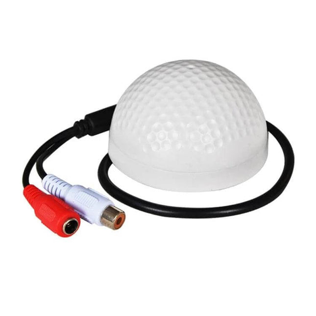 Compact Golf Shaped Microphone for CCTV Audio Monitoring - white golf-style dome mic with cables for discreet surveillance audio