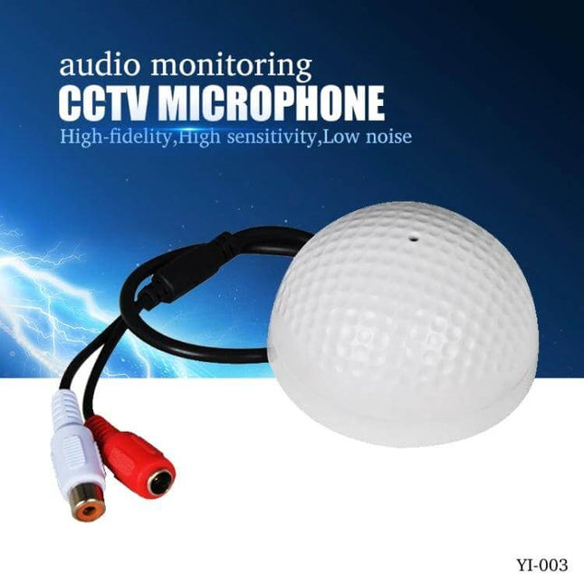 Compact Golf Shaped Microphone for CCTV Audio Monitoring white golf-style mic with RCA connectors and adjustable sensitivity