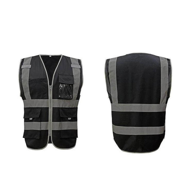 Reflective Safety Vest with Multiple Pockets for Workwear black high-visibility vest with reflective strips and front tool pockets