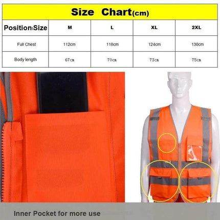 Reflective Safety Vest with Multiple Pockets for Workwear orange high-visibility vest with size chart and pocket close-up