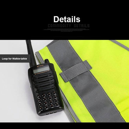 Reflective Safety Vest with Multiple Pockets for Workwear showing walkie-talkie loop and reflective strips on high-visibility polyester- viscose vest