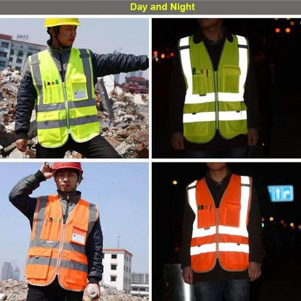 Reflective Safety Vest with Multiple Pockets for Workwear shown day and night on construction workers with reflective strips and tool pockets