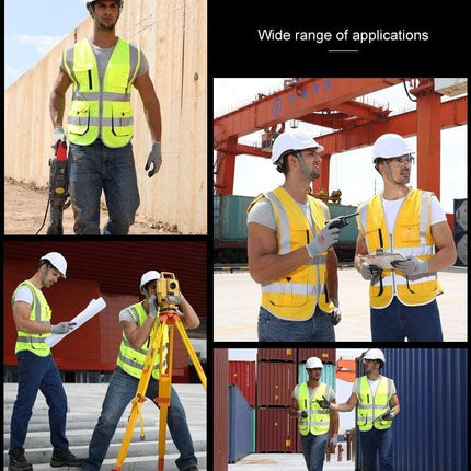 Reflective Safety Vest with Multiple Pockets for Workwear shown on construction workers with reflective strips and tool-access pockets