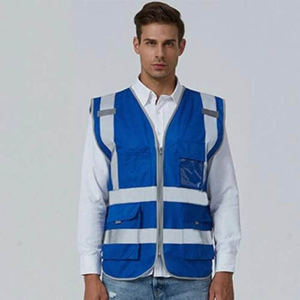 Reflective Safety Vest with Multiple Pockets for Workwear in blue with front zipper, reflective strips and chest and lower pockets
