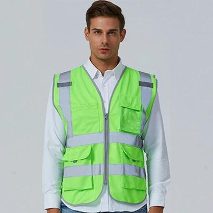 Reflective Safety Vest with Multiple Pockets for Workwear shown on male model in high-visibility lime green with reflective strips and front pockets