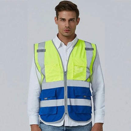 Reflective Safety Vest with Multiple Pockets for Workwear in high-visibility yellow and blue with reflective strips and zip front