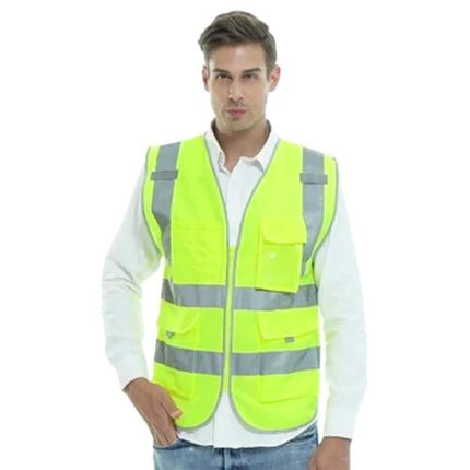 Reflective Safety Vest with Multiple Pockets for Workwear shown on male model, high-visibility yellow polyester-visor vest with reflective strips and tool pockets