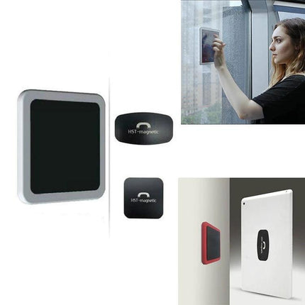 Universal Wall-Mounted Magnetic Holder for iPads and Phones shown mounted on wall with tablet and magnetic plate for hands-free viewing