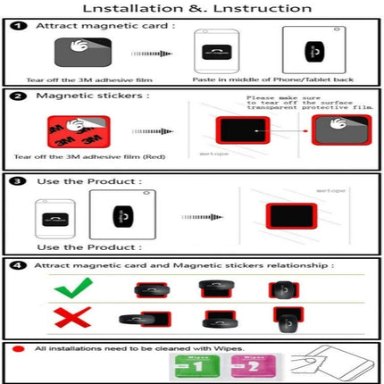 Universal Wall-Mounted Magnetic Holder for iPads and Phones installation instruction diagram showing magnetic sticker placement and device mounting