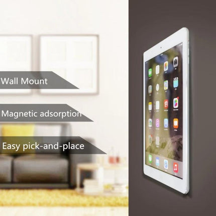 Universal Wall-Mounted Magnetic Holder for iPads and Phones securely holding an iPad on a living room wall for hands-free viewing