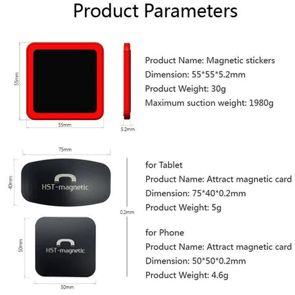 Universal Wall-Mounted Magnetic Holder for iPads and Phones product parameters diagram showing dimensions and weights of magnetic stickers and attract magnetic cards