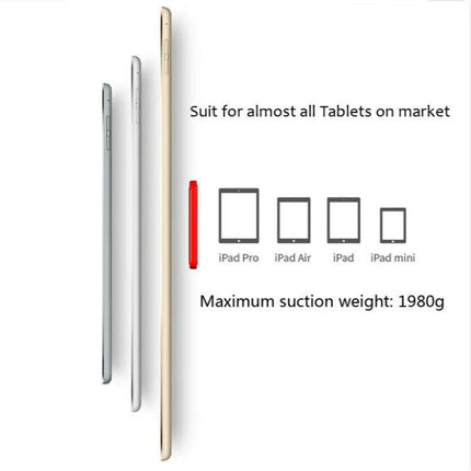 Universal Wall-Mounted Magnetic Holder for iPads and Phones showing compatibility with iPad Pro, iPad Air, iPad, iPad mini and 1980g suction weight limit