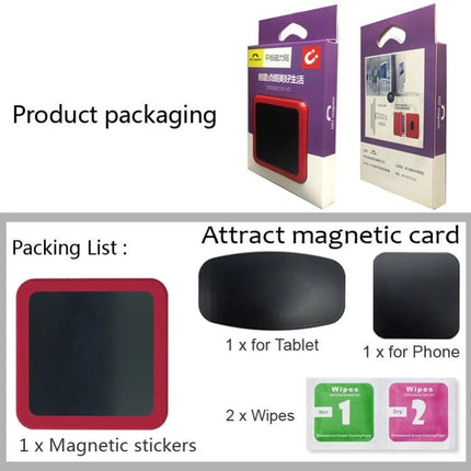Universal Wall-Mounted Magnetic Holder for iPads and Phones product packaging showing magnetic sticker, tablet and phone mounts, and wipes
