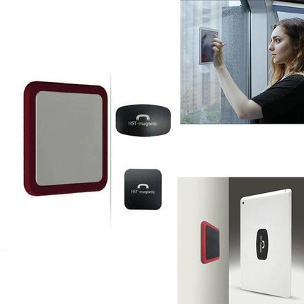 Universal Wall-Mounted Magnetic Holder for iPads and Phones showing magnetic pads and mounted tablet in use