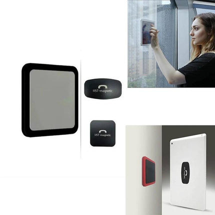 Universal Wall-Mounted Magnetic Holder for iPads and Phones showing magnetic pads mounting an iPad on a wall for hands-free viewing